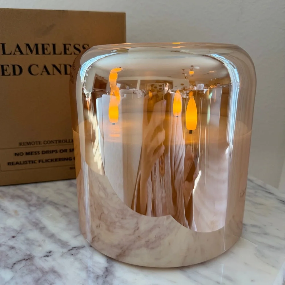🕯️ Mirrored Amber 3-Wick Flameless Wax Candle in Glass Jar w/ Remote & Timer